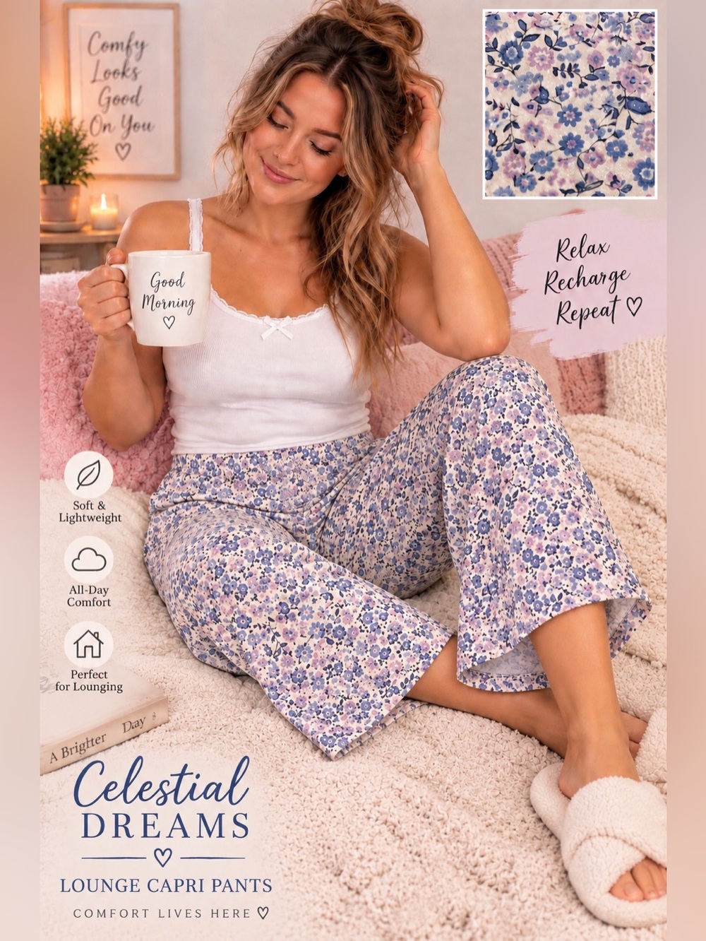 Celestial Dreams Floral Lounge Capri Pajama Pants Size XL 16-18